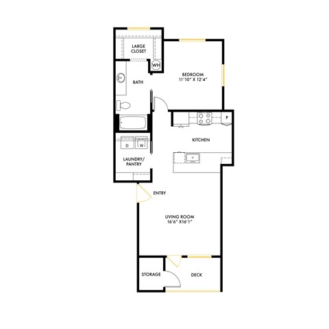 Floor plan for 1 bed, 1 bath, 773 sqft